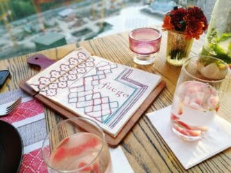 High-angle shot of a drink resting on a table.