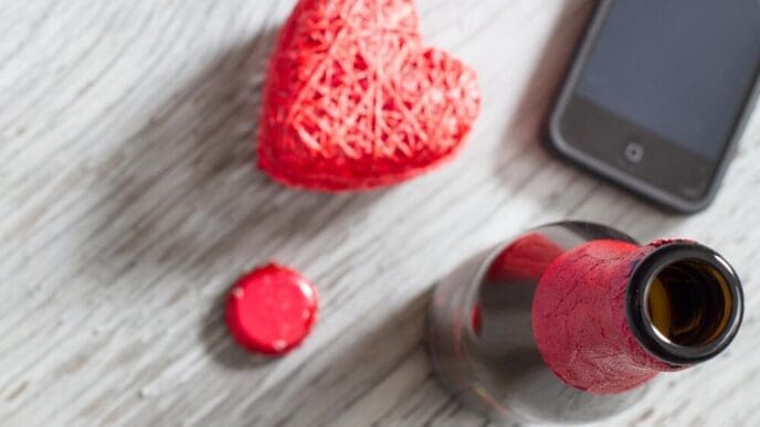 High-angle shot of an open beer bottle, a smartphone, and a wooden heart arranged on a plank.