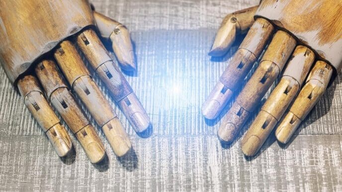 High-angle shot shows a pair of robotic hands resting on a wooden table.