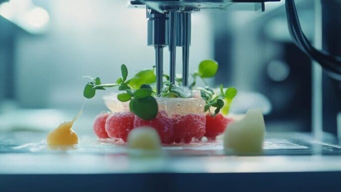 A high-tech culinary machine prepares an elegant dish with gourmet ingredients, highlighting innovation in cooking.