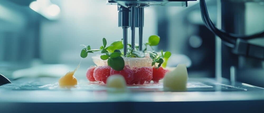 A high-tech culinary machine prepares an elegant dish with gourmet ingredients, highlighting innovation in cooking.