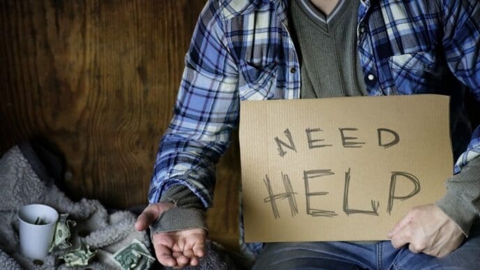 A man experiencing homelessness holds a sign, seeking assistance.