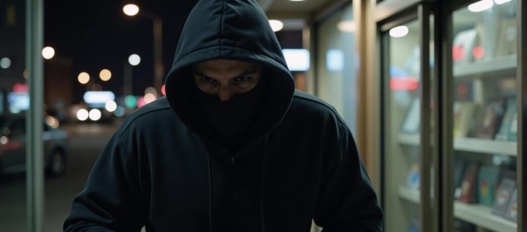 A hooded figure is stealing from a store in a nighttime urban crime scene.