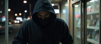 A hooded figure is stealing from a store in a nighttime urban crime scene.