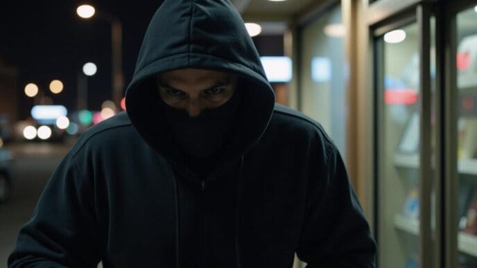 A hooded figure is stealing from a store in a nighttime urban crime scene.