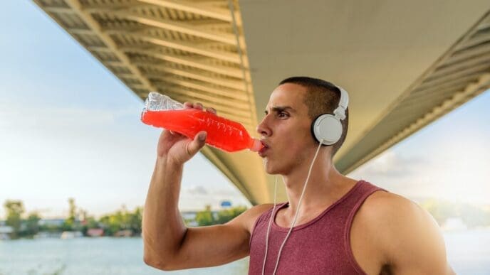 A person takes a drink from a water bottle.