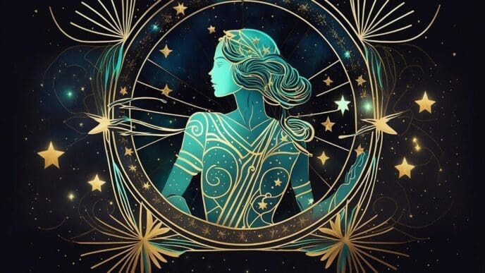 Illustration of the zodiac sign Virgo, depicted as a woman, against a starry space background.