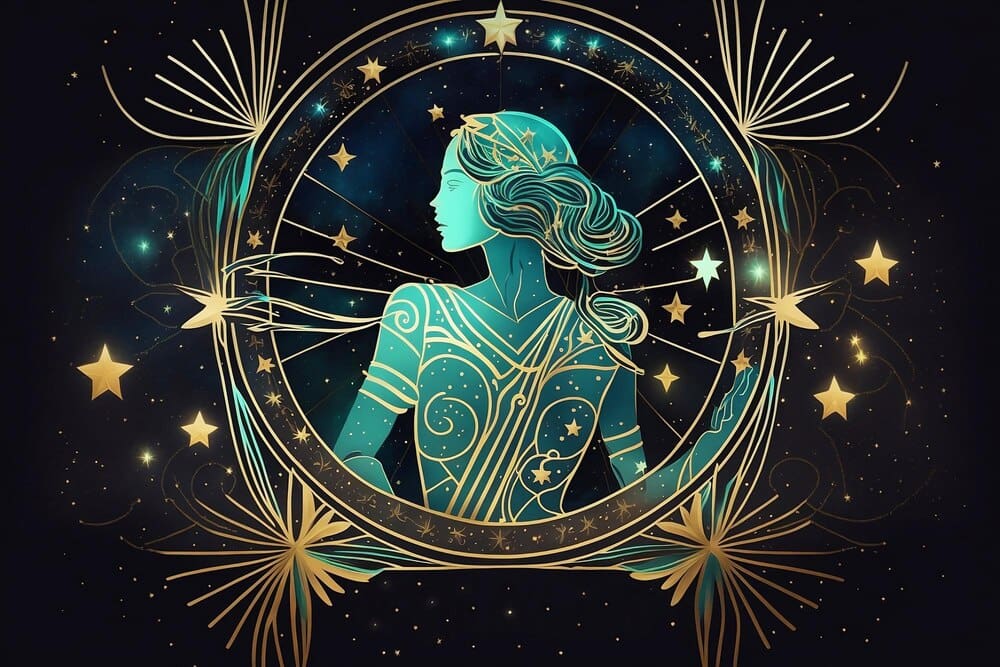 Illustration of the zodiac sign Virgo, depicted as a woman, against a starry space background.