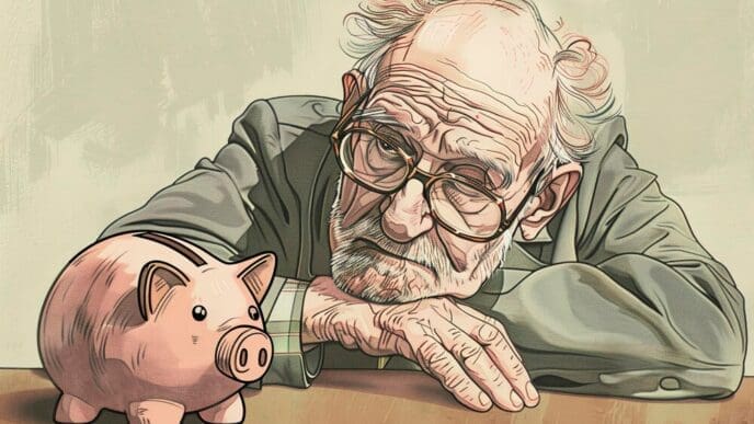 Illustration of an elderly man leaning on a large piggy bank.