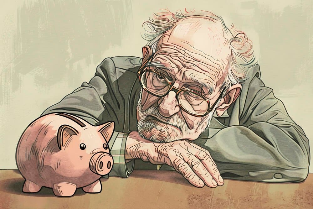 Illustration of an elderly man leaning on a large piggy bank.