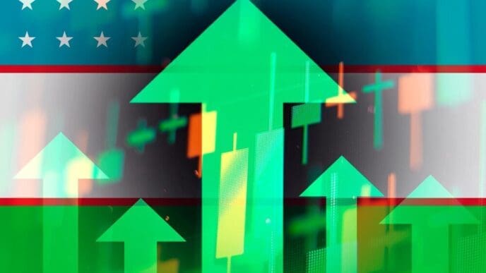 Green upward-pointing arrows symbolize economic improvement or stock growth in Uzbekistan.