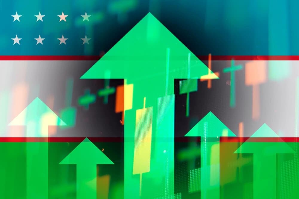 Green upward-pointing arrows symbolize economic improvement or stock growth in Uzbekistan.