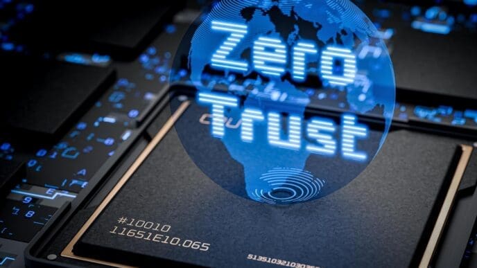 A 3D render depicts a microchip with the words "Zero Trust" and related security concepts overlaid.