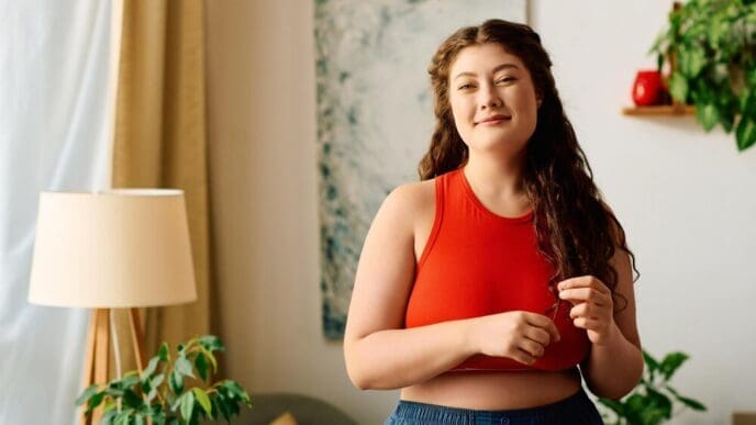 A smiling plus-size woman with curly hair wears comfortable clothes and enjoys the sunlight in her home.