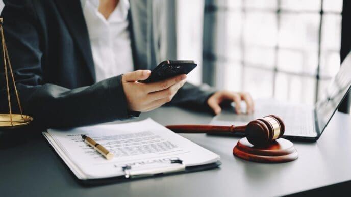 A male judge in a courtroom uses a smartphone while holding a gavel.