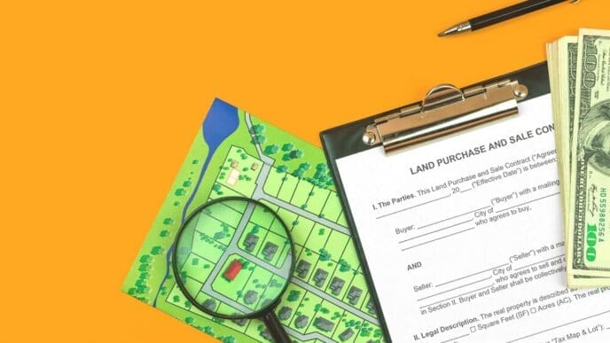 Top-down photo of a clipboard and a land sale and purchase agreement form on an office desk with real estate-related documents.