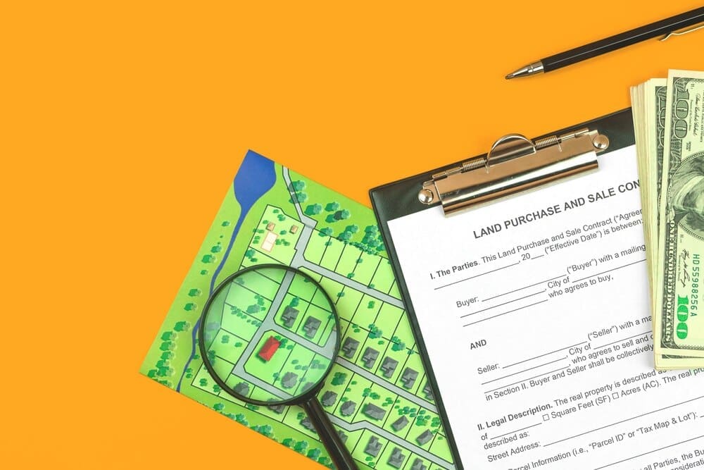 Top-down photo of a clipboard and a land sale and purchase agreement form on an office desk with real estate-related documents.