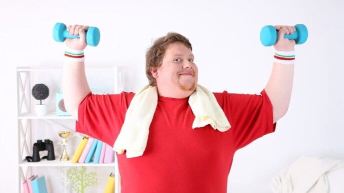 A muscular man lifts weights in his home gym.