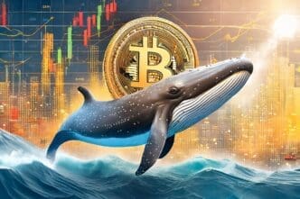 A whale breaches the water in front of investment charts and a Bitcoin symbol.