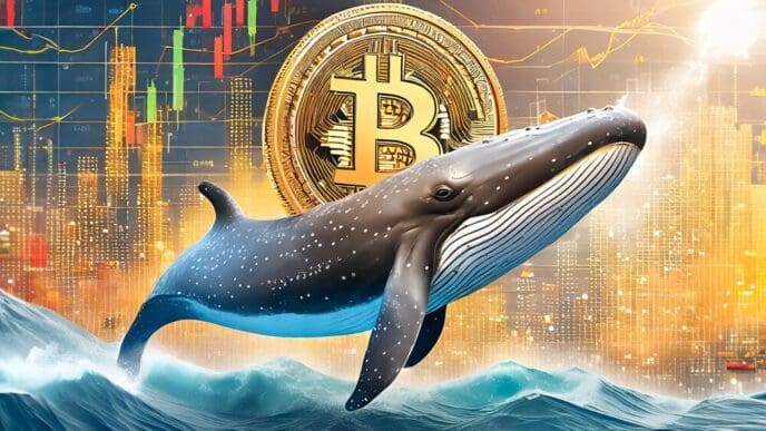 A whale breaches the water in front of investment charts and a Bitcoin symbol.