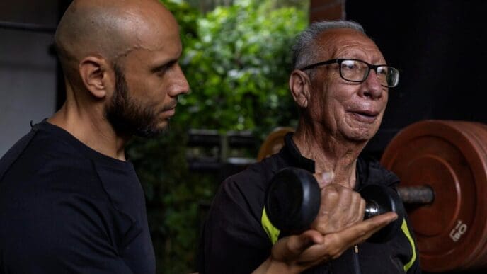 A senior Latin American man and his trainer do physical therapy exercises with a dumbbell in a gym.