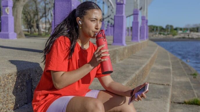 A Latina girl in sportswear sits on stairs, drinking from a water bottle.