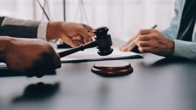 A lawyer explains legal documents to a client.