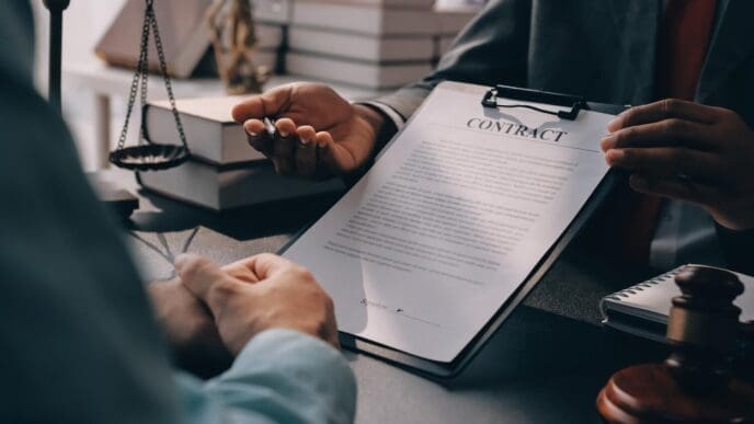 A lawyer explains legal proceedings to their client.