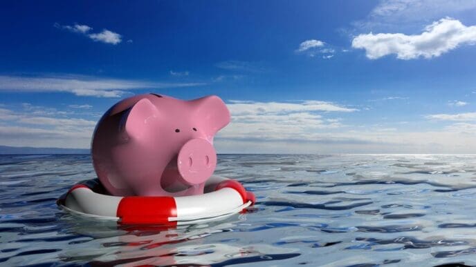 A red life buoy rests next to a white piggy bank on a blue sea, rendered in 3D.