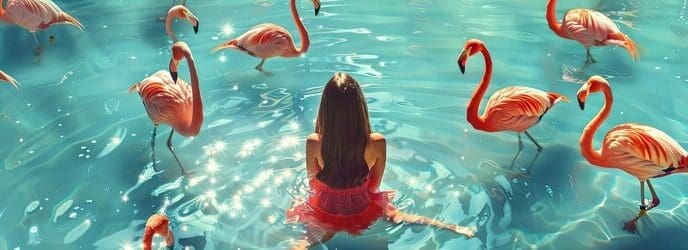 A young girl interacts with a flamingo, the focus is on the subjects.