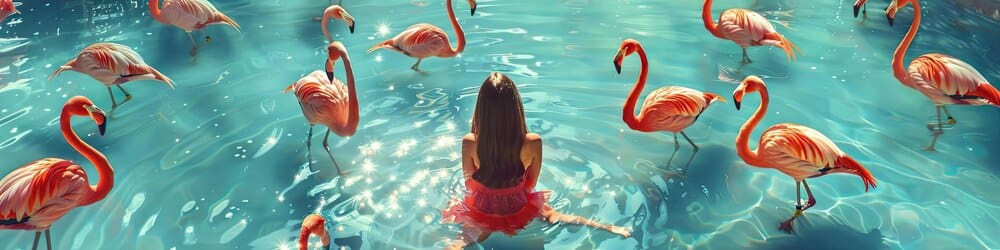 A young girl interacts with a flamingo, the focus is on the subjects.