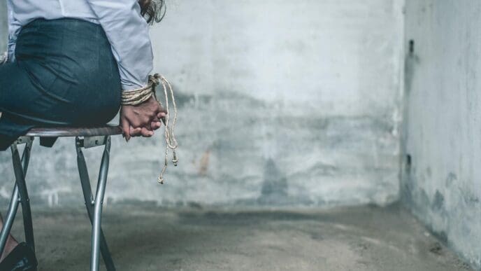 Low-angle view of a woman standing outside.