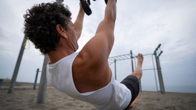A man does push-ups on the sandy beach with the ocean in the background.