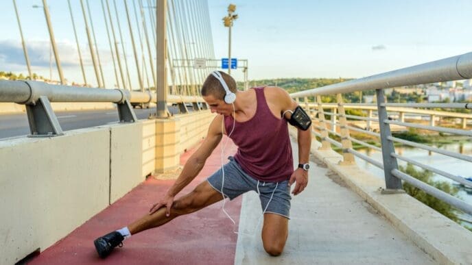 A man in athletic wear stretches his legs outdoors.