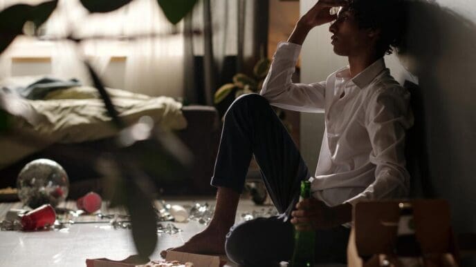 A teenage boy, looking pale and unwell, sits hunched over after a party.