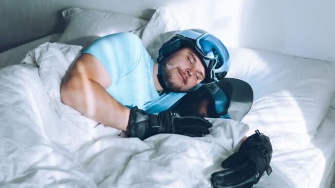 A man wearing ski goggles and a helmet lies in bed.