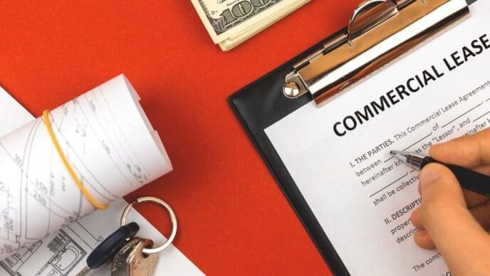 A man fills out a commercial lease agreement on a clipboard, next to house keys, a pen, and money, all against a red background.