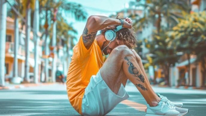A man in his late thirties wearing headphones and shorts with white sneakers is stretching on the sand.