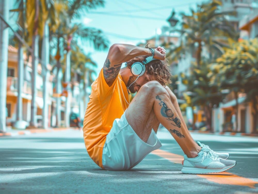 A man in his late thirties wearing headphones and shorts with white sneakers is stretching on the sand.