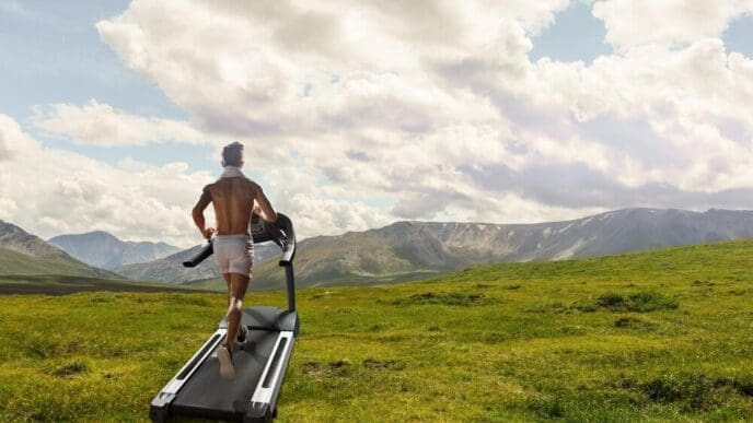 A man runs on a treadmill, representing exercise, fitness, and a healthy lifestyle.