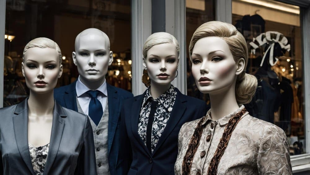 Mannequins of various people are displayed in a shop window.