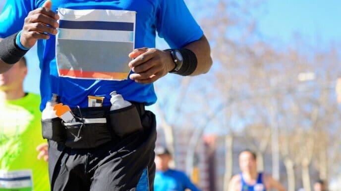 Runners compete in a marathon on a road, representing sport, fitness, and a healthy lifestyle.