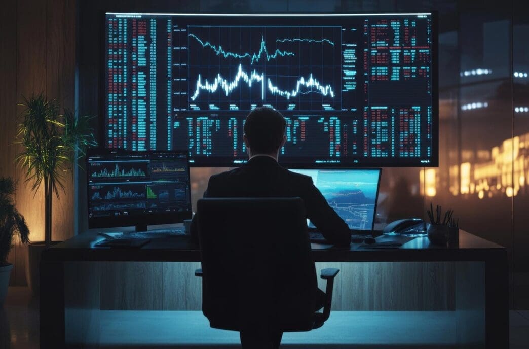 A large, sleek display wall shows a market feed.