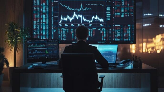 A large, sleek display wall shows a market feed.