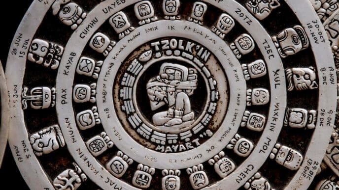 A large, circular stone carving features intricate Aztec symbols and glyphs, representing the Mesoamerican calendar.
