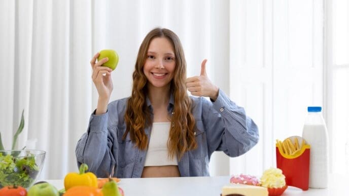 A woman in a medium shot holds an apple and gives a thumbs-up gesture.