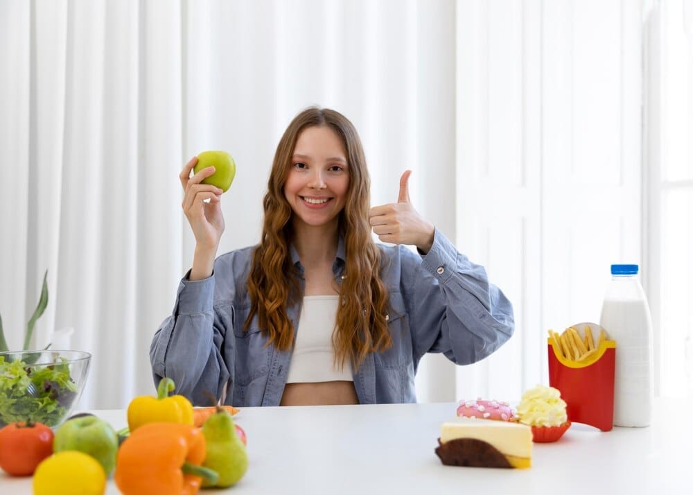 A woman in a medium shot holds an apple and gives a thumbs-up gesture.