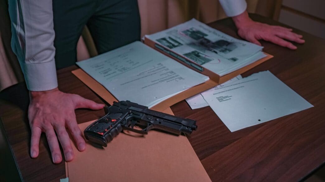 A police officer in uniform stands at a table in a police station, holding a document and a gun.