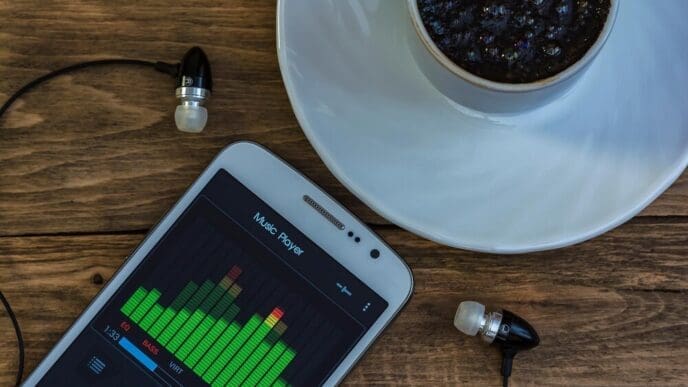 A close-up shows a mobile phone displaying an equalizer next to a cup of coffee on a saucer.