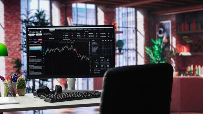 A modern desktop computer displays charts and data related to financial growth and forex trading.